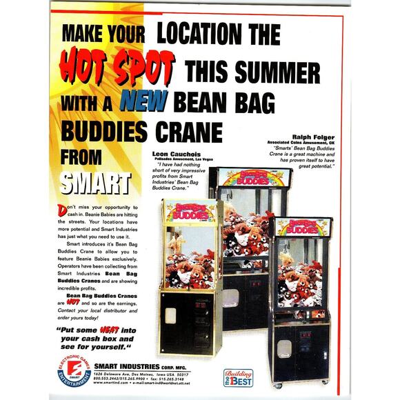 1990s Smart Industries Bean Bag Buddies Crane Arcade Flyer Iowa USA - Picture 1 of 2